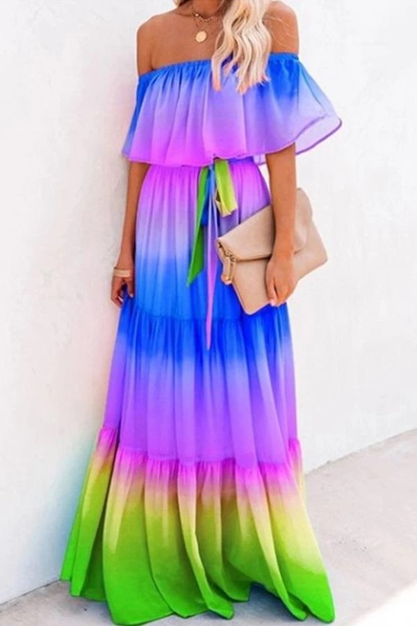 Women's Gradient Color Printed Off Shoulder Maxi Dress 11