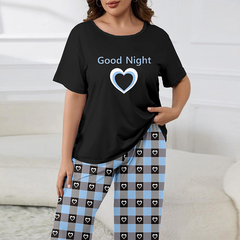 Heart Print Plaid Casual Loungewear Plus Size Pajama Set 5