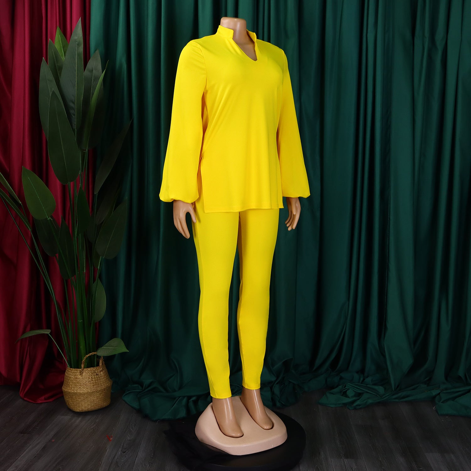 Women's Fall Winter Fashion Solid Color Plus Size V Neck Long Sleeve Top Pants African Suit 14