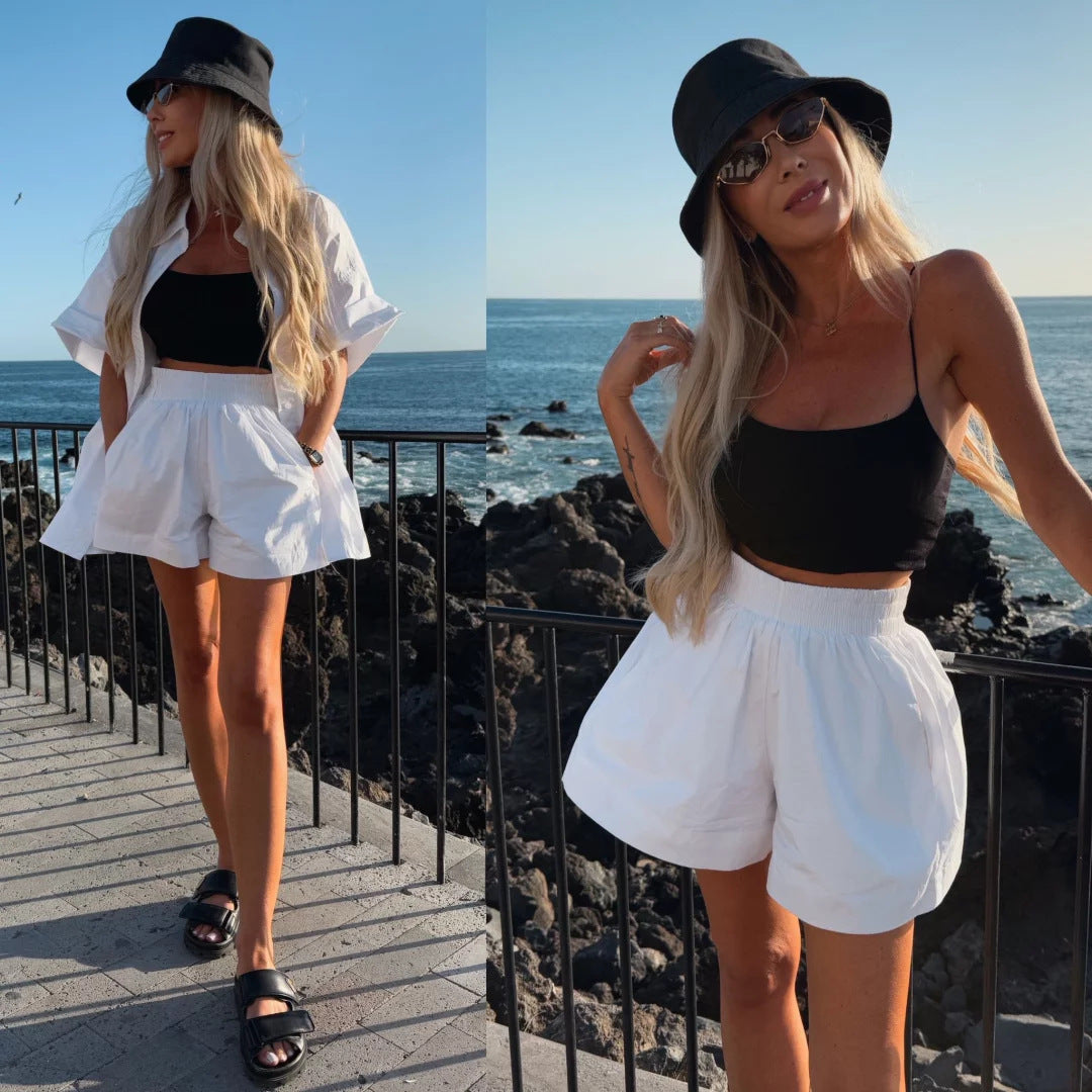 Women spring and summer Casual Solid short-sleeved shirt loose shorts two-piece set 8