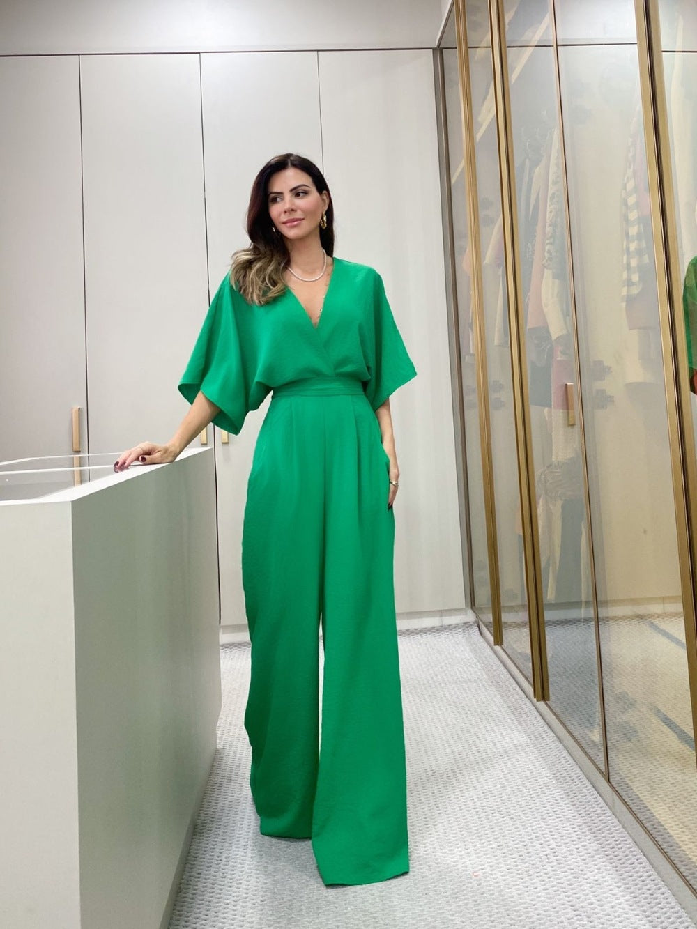 Summer V-Neck Bat Sleeves Short Sleeve Low Back Chic Women Jumpsuit 5