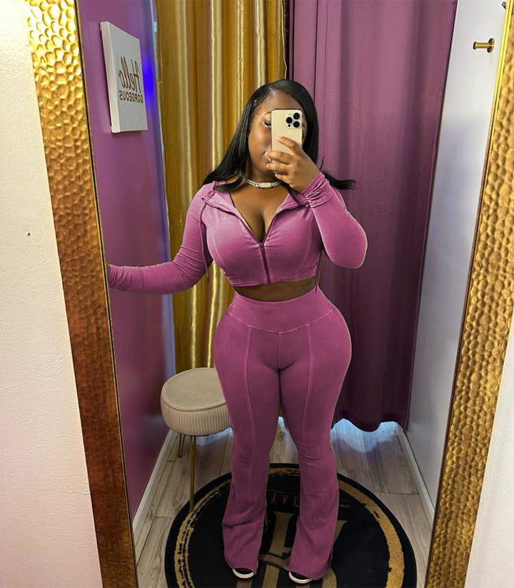 Women Washed Stretch Top and Slit Pants Two Piece Set 4