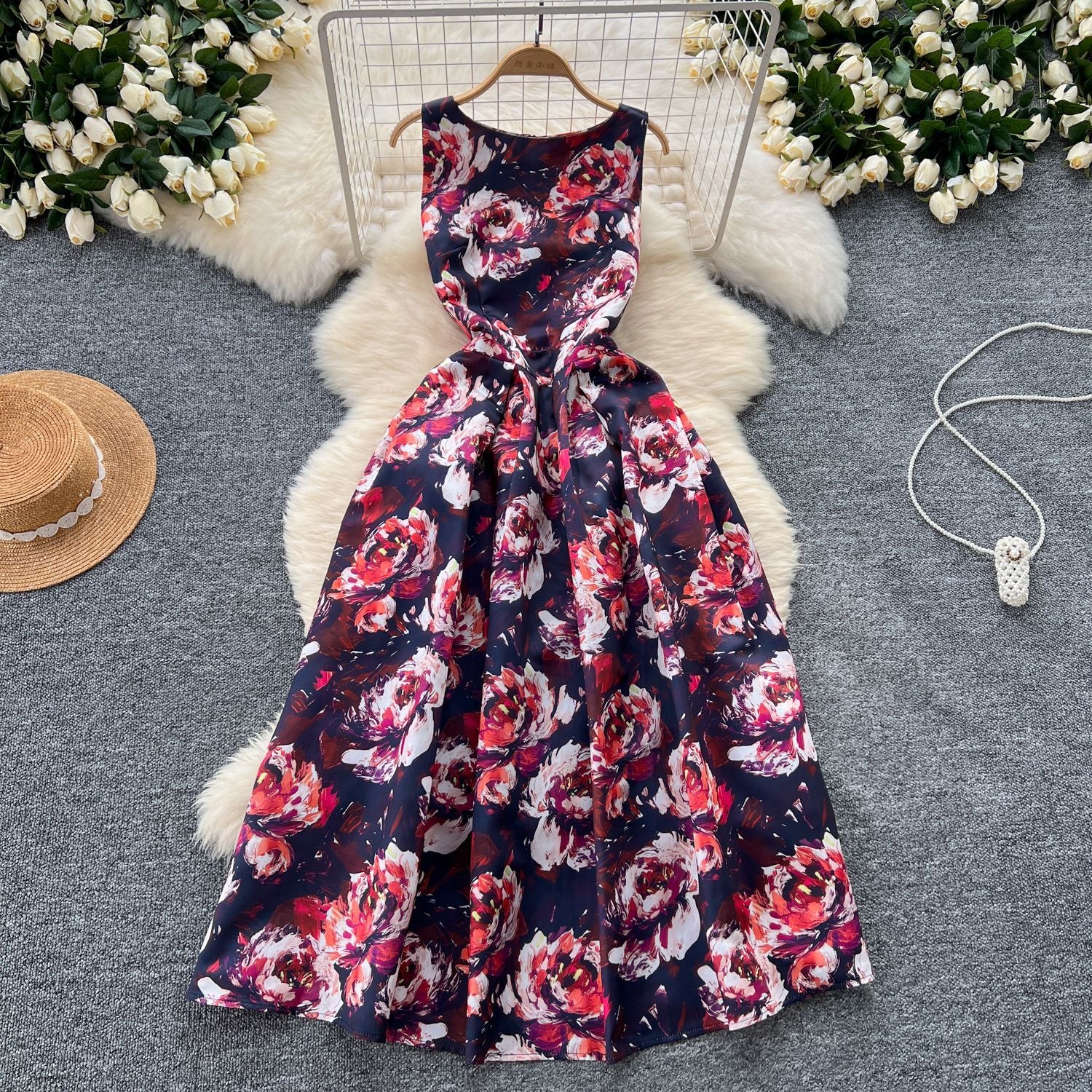 Fashion Printed Round Neck Slim Waist Pleated Flare Sleeveless Mini Dress 4