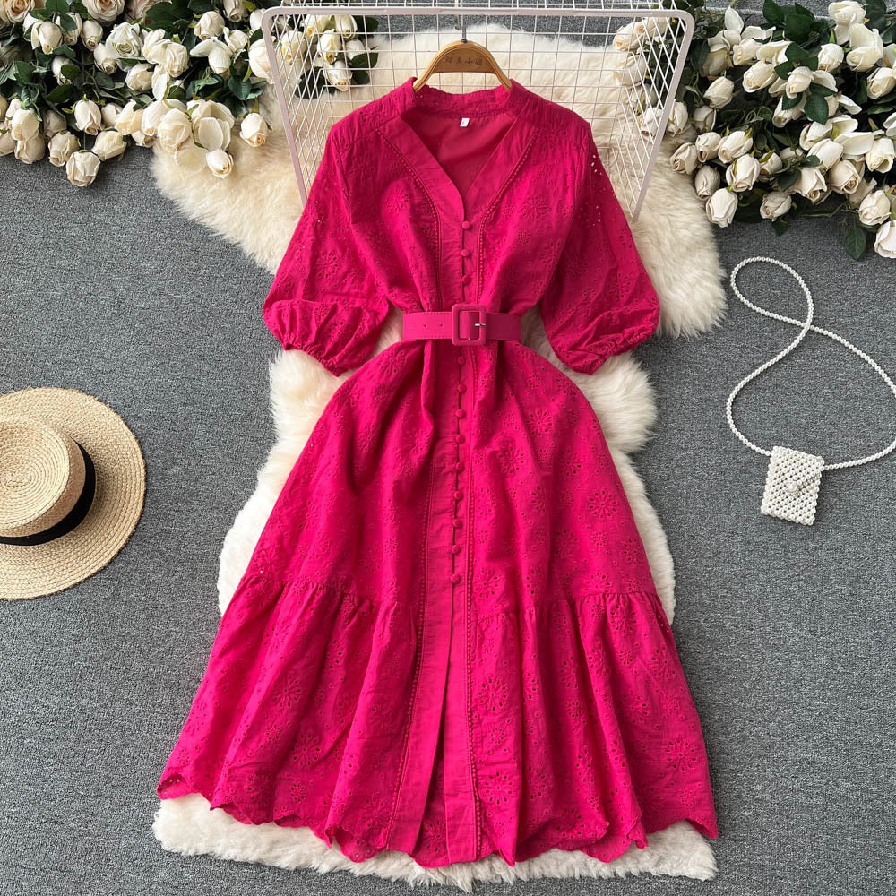 V-Neck Hollow-Out Dress Puff Sleeve Loose Embroidery Slim Waist Slim Fit  V-Neck Hollow-Out Dress 3