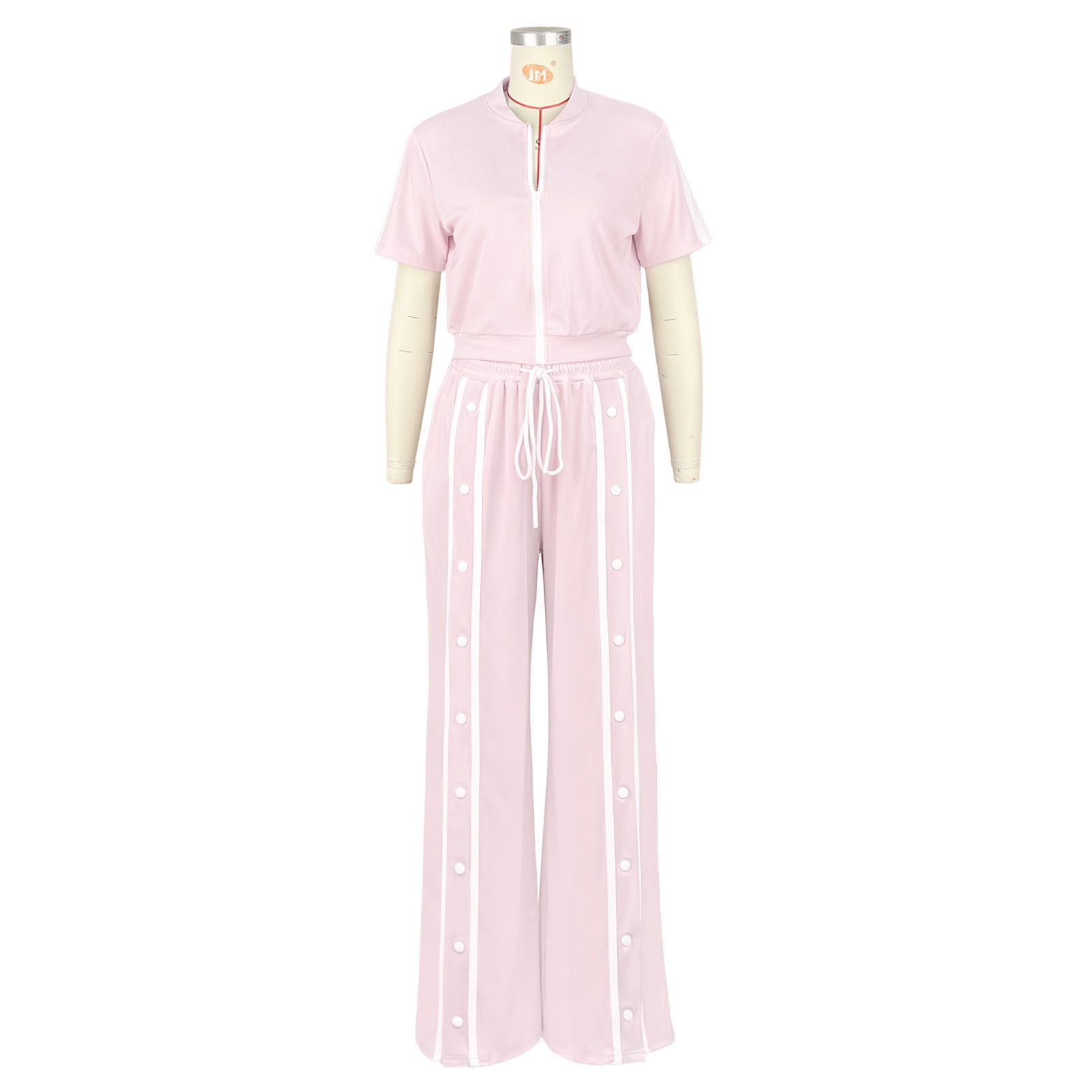 Women's Sports Two-Piece Set Buttoned Loose Pocket Wide-Leg Pants & Short Sleeve Zipper Top 13