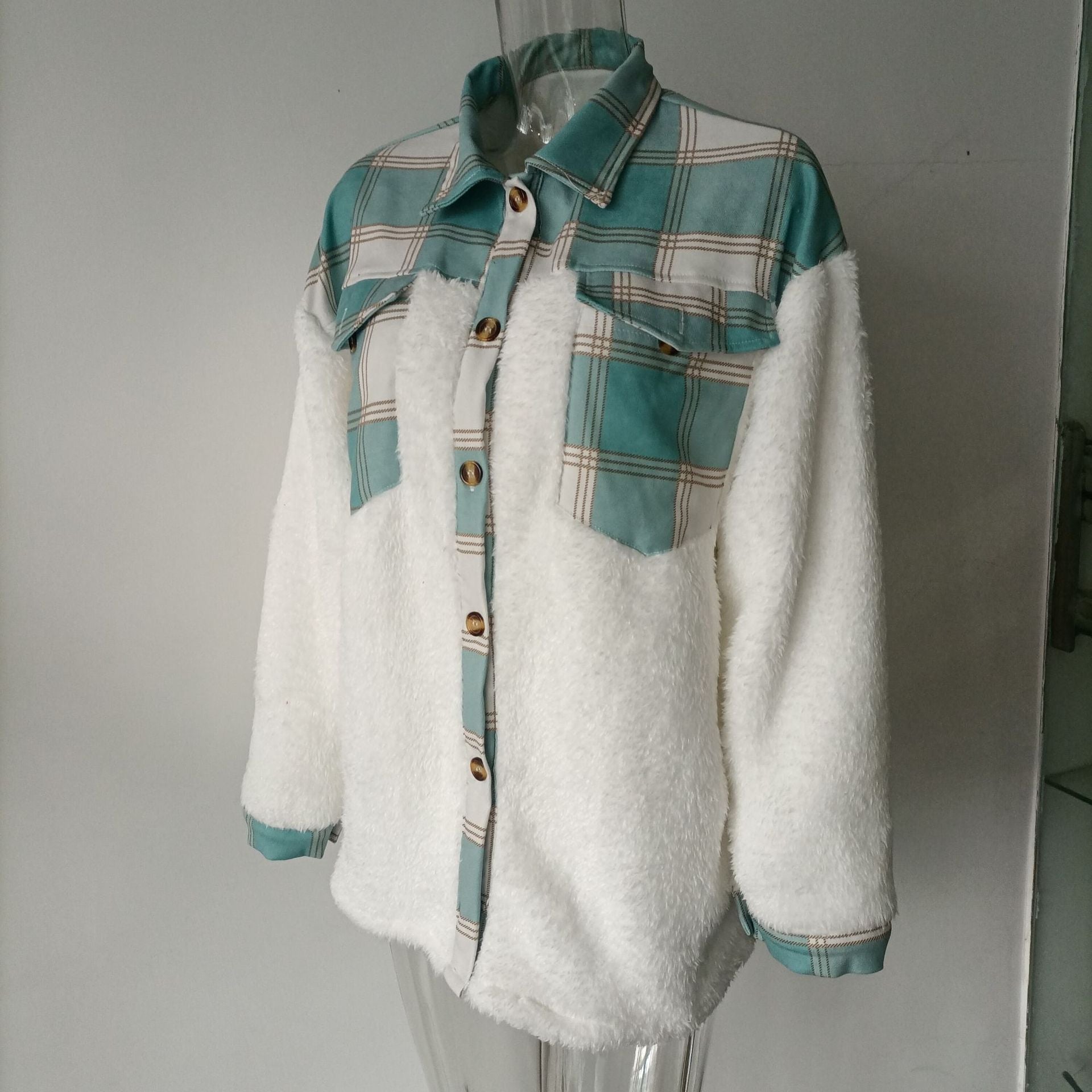 Women Turndown Collar Leopard Plaid Print Furry Patchwork Contrast Warm Long Sleeve Shirt 26