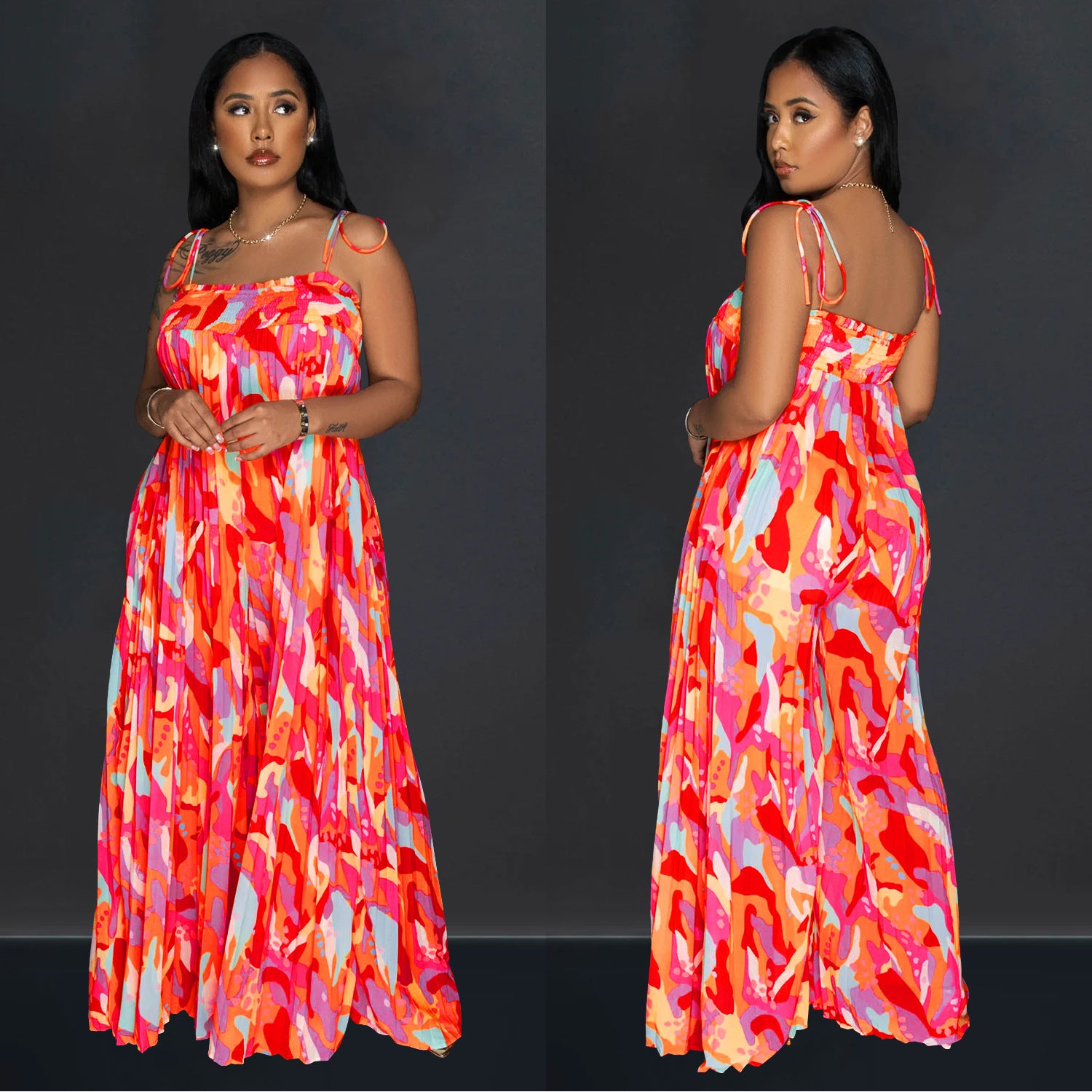 Women Sexy Printed Suspender Pleated Wide Leg Jumpsuit 3