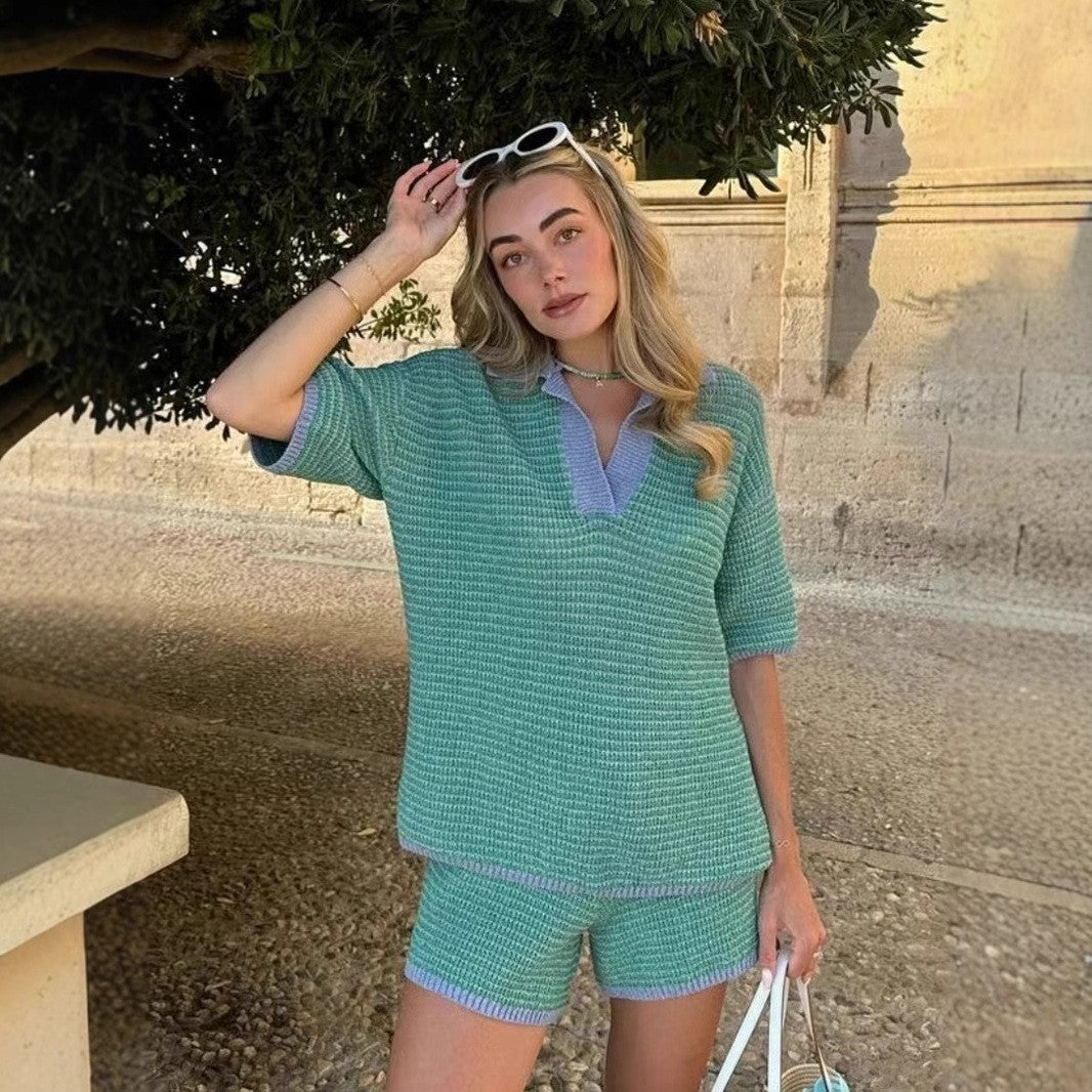 Summer Women's Loose Knit Turndown Collar Top & High-Waist Shorts