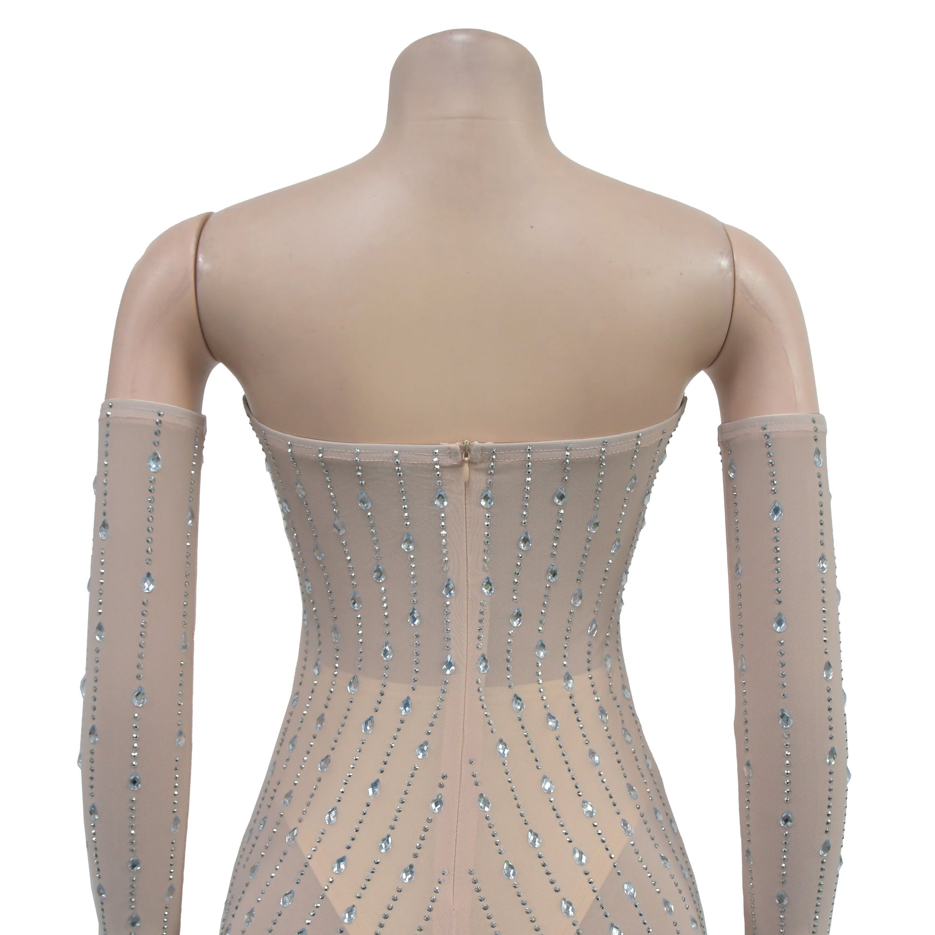 Fashion Women's Clothing Beaded Rhinestone Strapless Sexy See Through Nightclub Long Dress 9