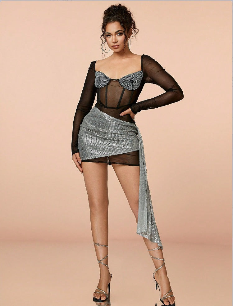 Women Beaded Patchwork Mesh long-sleeved Bodycon Dress