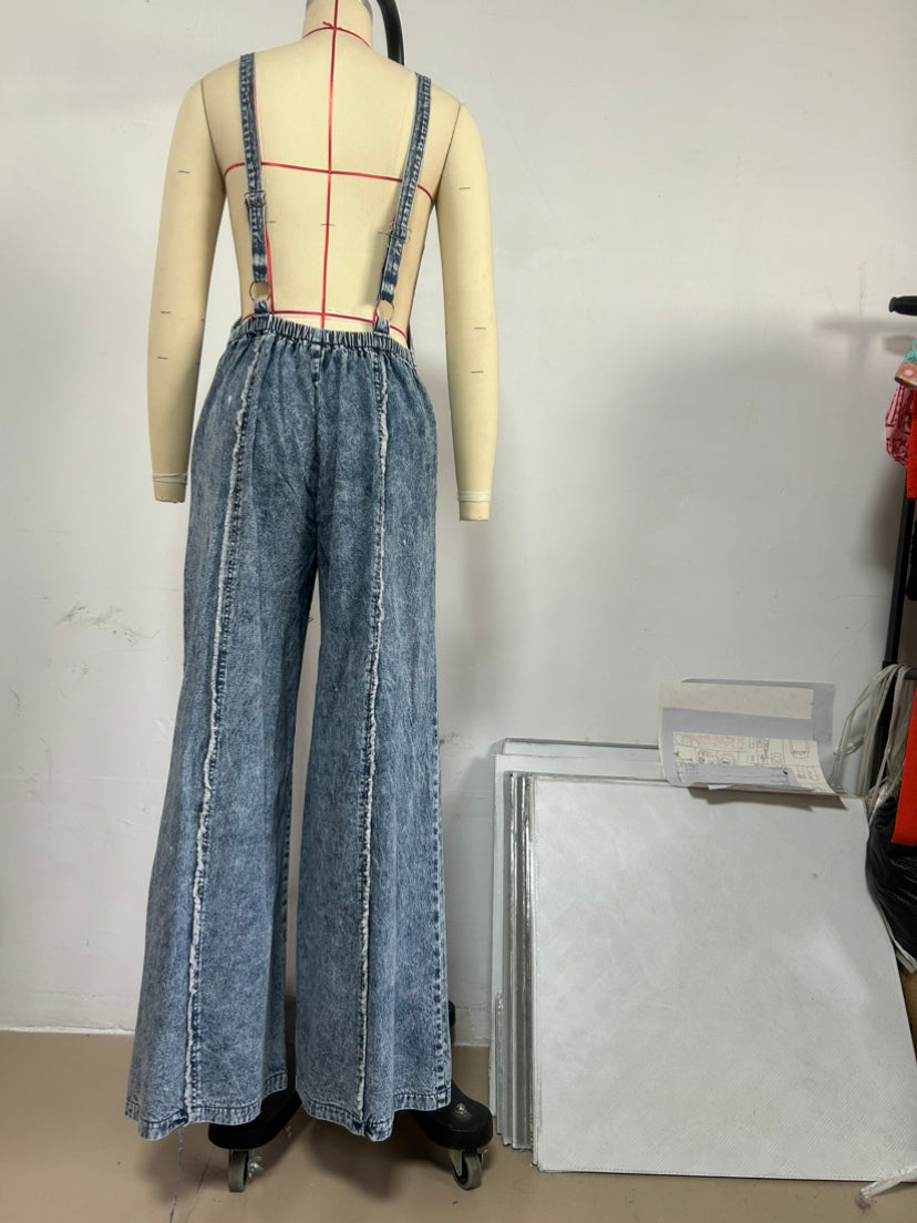 Women Spring Vintage Washed Raw Edge Wide Legs Loose Overalls 7