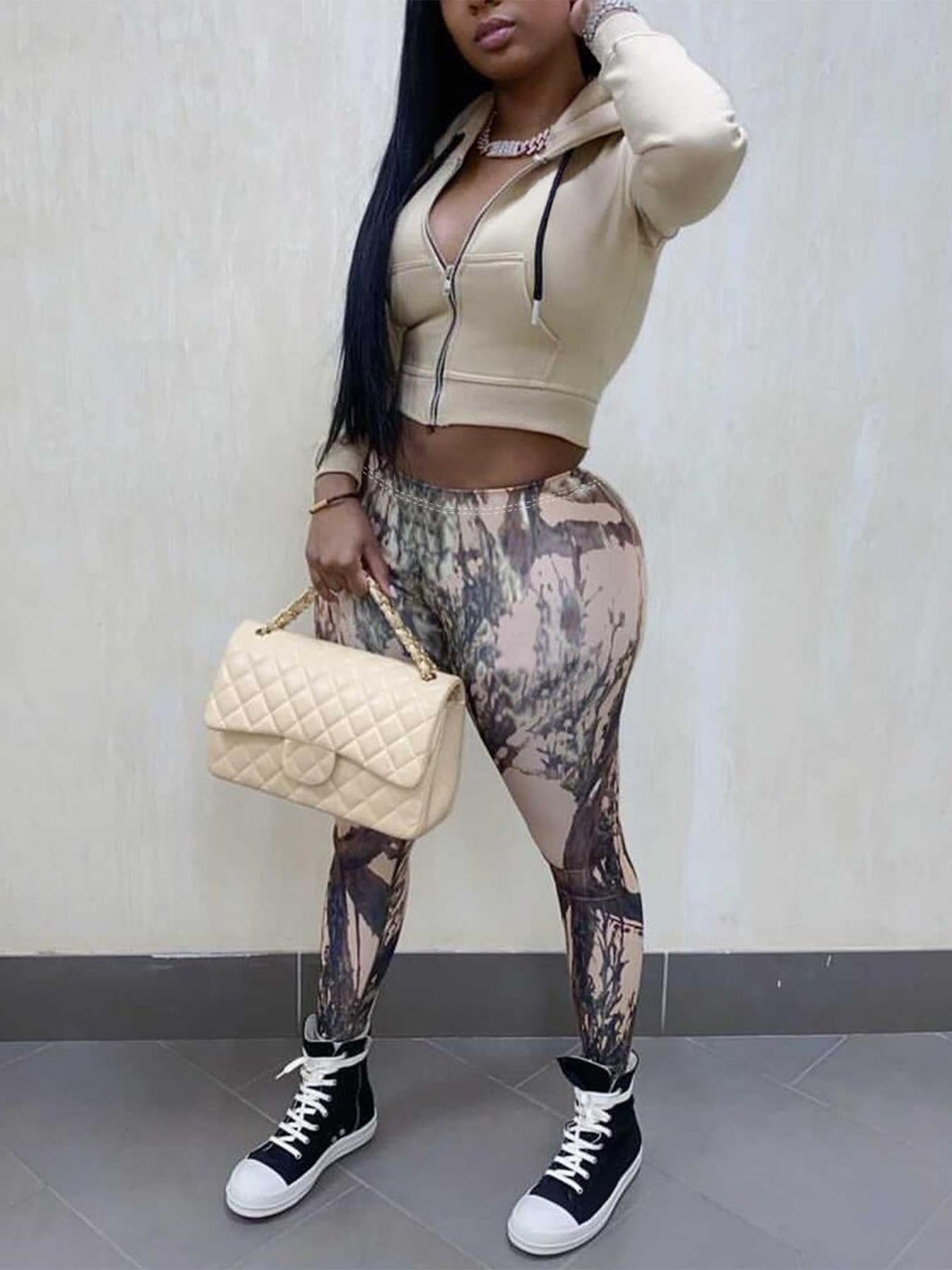 Women Casual Zipper Long Sleeve Top and Print Pants Two-Piece Set 10