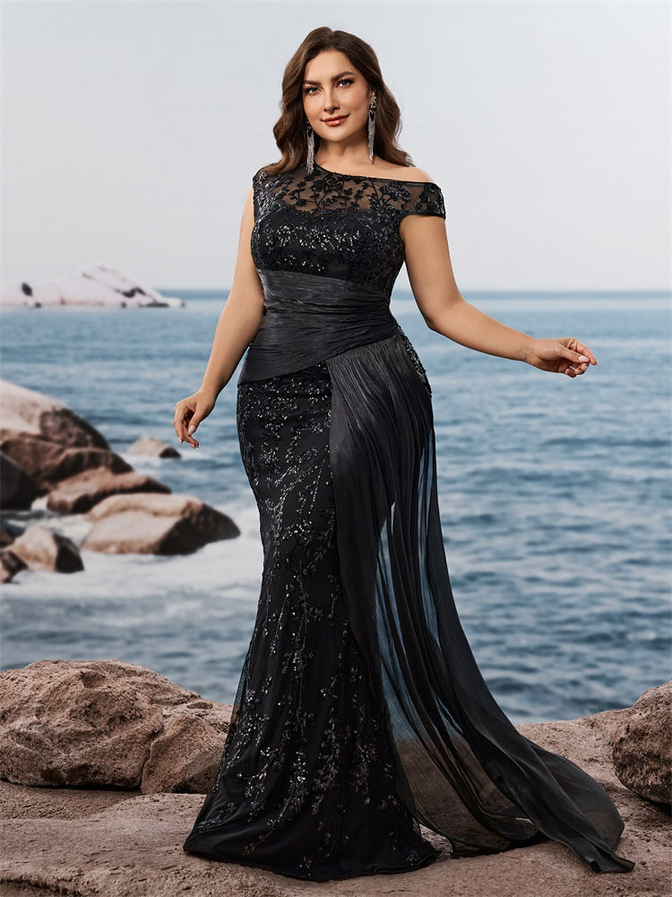 Plus Size Women's Elegant Sequin Patchwork Fitted V-Neck Sleeveless Evening Dress Mother of the Bride Gown 5