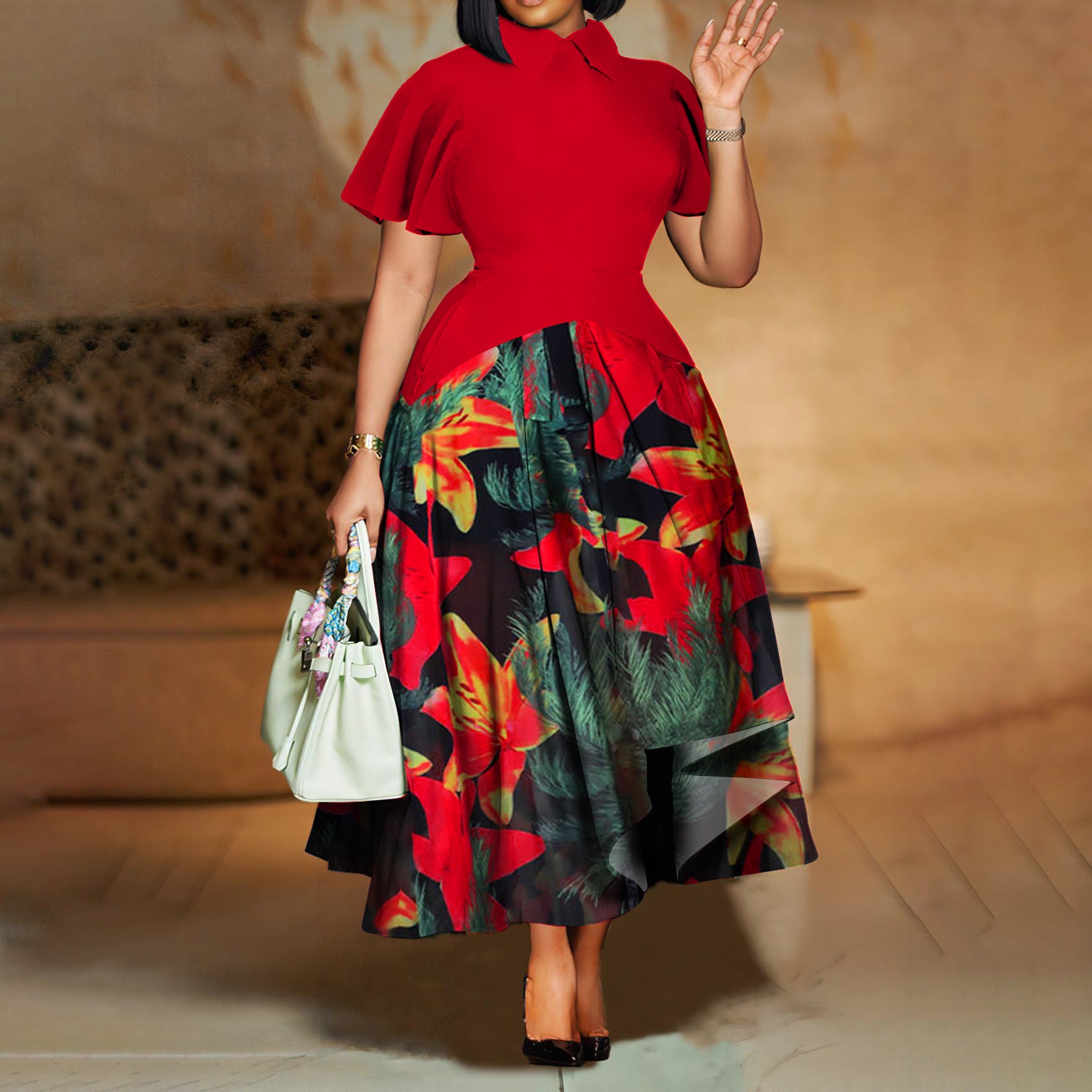 Summer Women's Chic Turndown Collar Ruffle Sleeve African Plus Size Dress 3