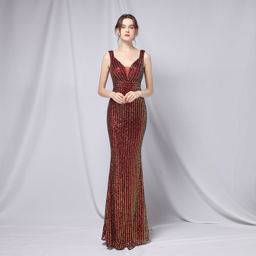 Summer Formal Sequin V-Neck Sleeveless Mermaid Evening Dress