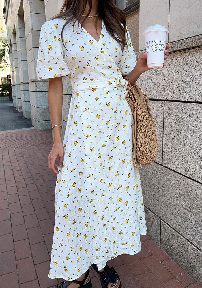 Cotton Floral Print Summer Lace-Up Bubble Sleeve Maxi Dress