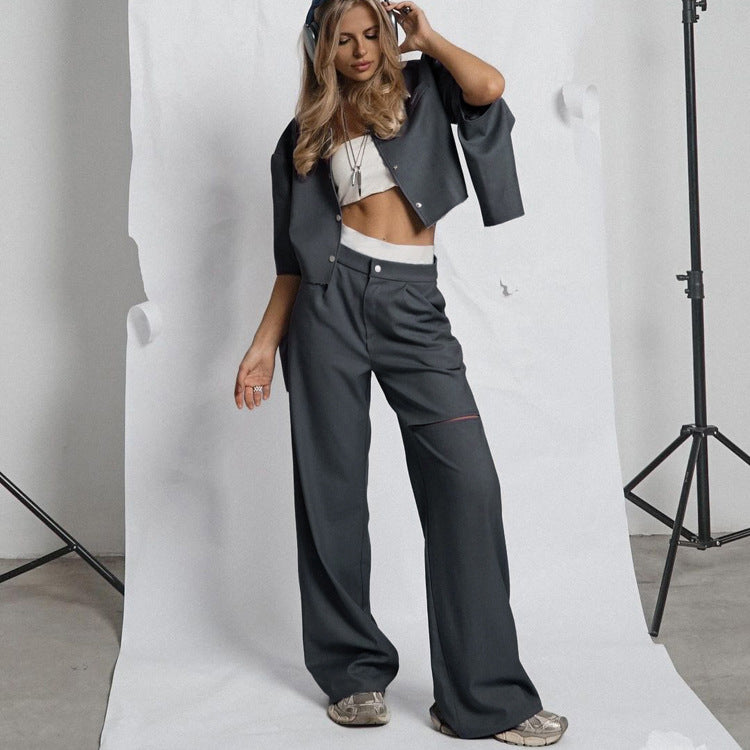 Fashion Women's Long Sleeve Hollow Ripped Top Wide Leg Pants Two Piece Set 3