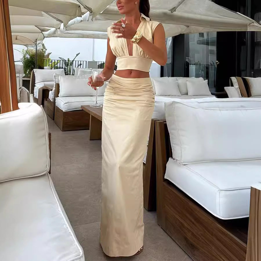 Spring Summer Turndown Collar Sleeveless Top Long Skirt  Casual Two-Piece Set 6