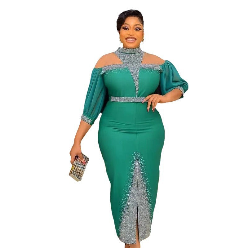 African Plus-Size Elegant Chic Beaded Patchwork Slit Bodycon Dress 6