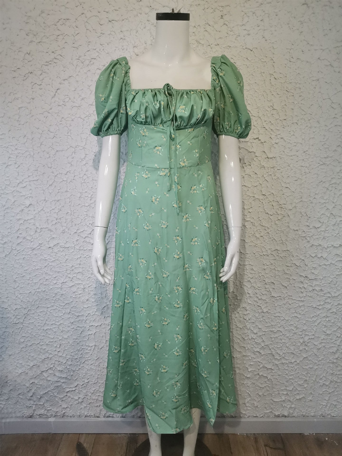 Women's summer fashion puff sleeve floral tie high slit long summer dress 22