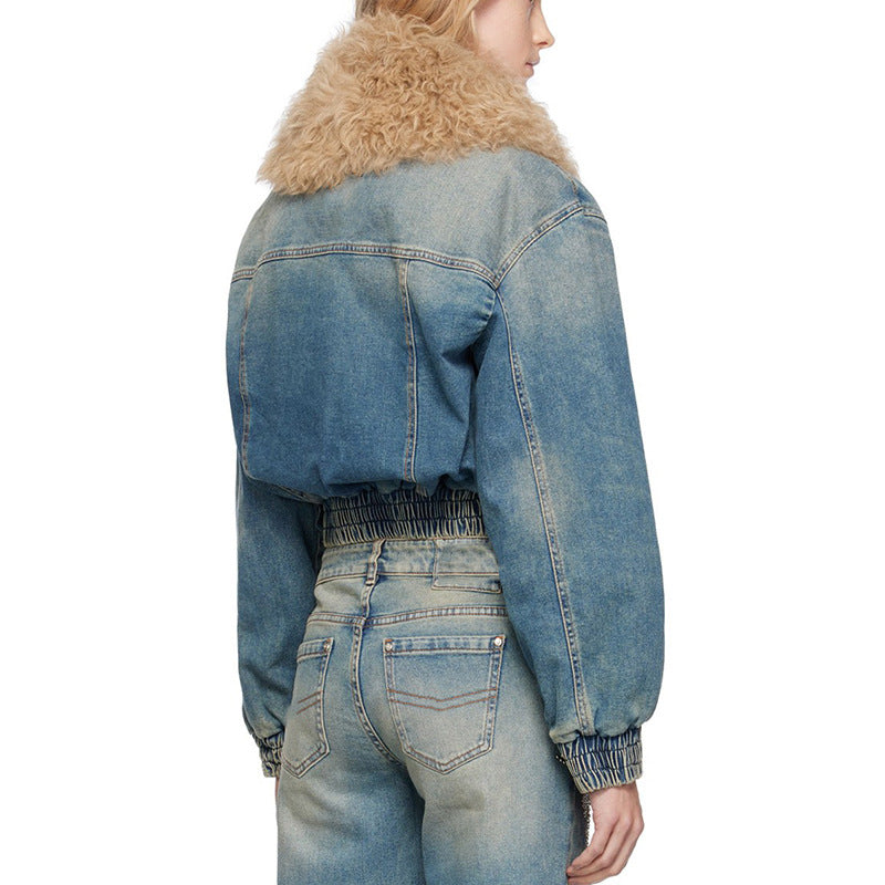 Women's Winter Removable Fur Collar Zipper Short Denim Jacket