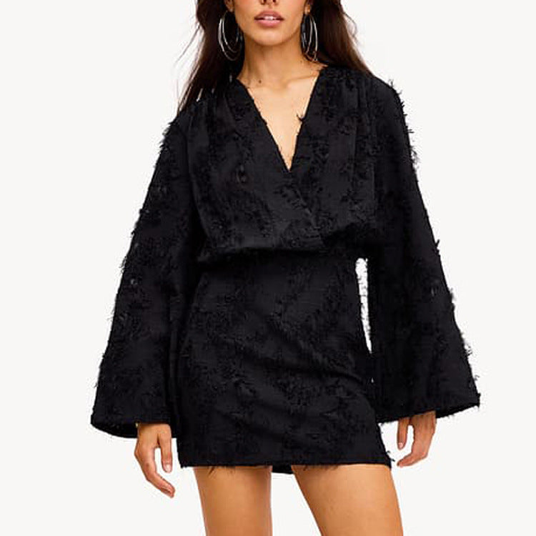 Spring And Autumn Solid Color Jacquard Long Sleeve V-Neck Loose Dress Women's Clothing 3