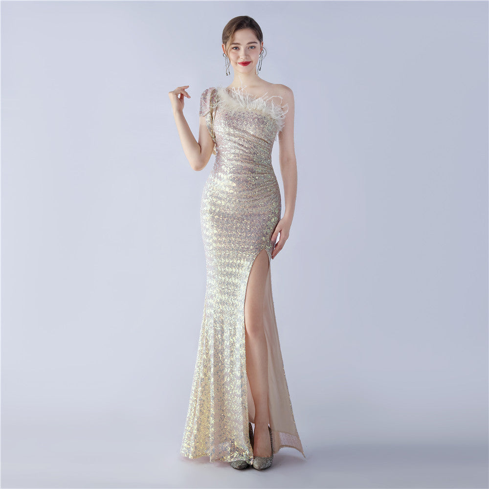 Elegant Feather High-End Sequined One-Shoulder Evening Dress 8