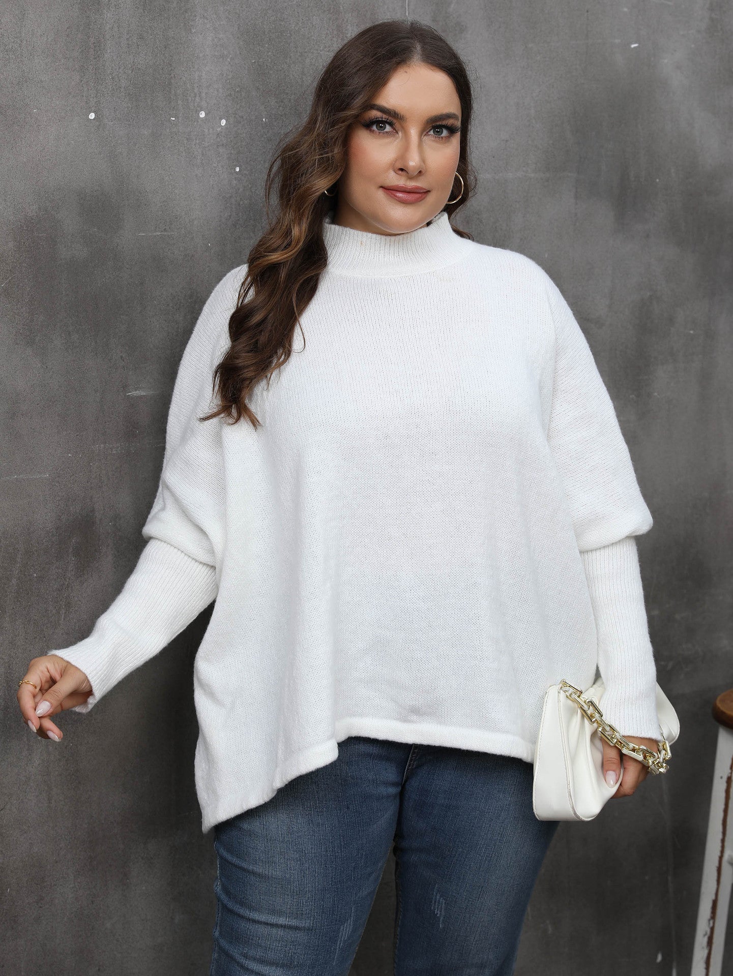Women's Pullover Top Plus Size Women's Slit Bat Sleeves Turtleneck Loose Sweater 11