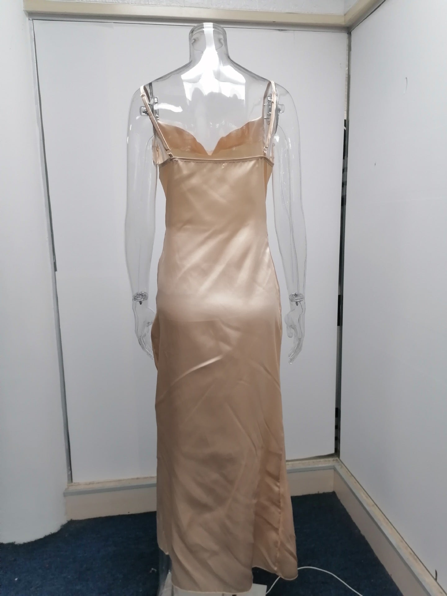 Sexy Low Cut Satin Slit Strap Dress Slim Fit Low Back Maxi Dress 26