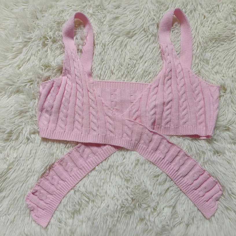 Women Spring Solid Sexy Stretch Solid Knitting Suspender Top and Shorts Two-Piece Set 7