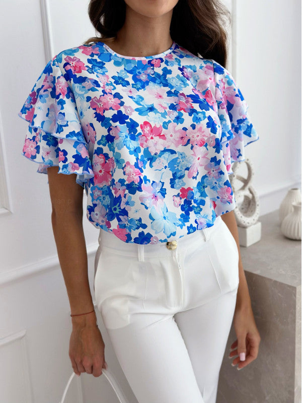 Fashion Summer Print Ruffle Sleeve Round Neck Short Sleeve Top