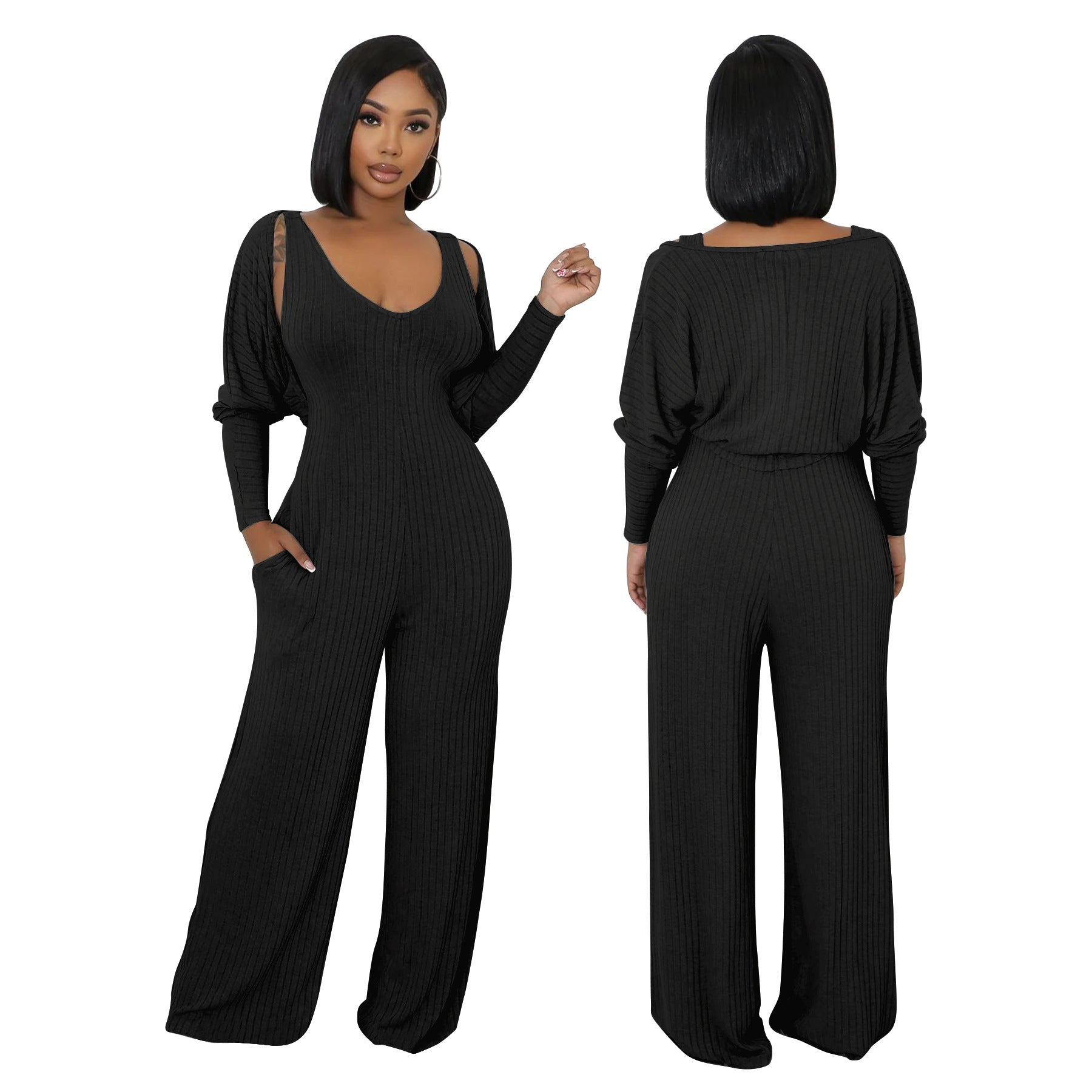 Women’s Fashion Ribbed High-Stretch Cape Top Sleeveless Jumpsuit Set 3