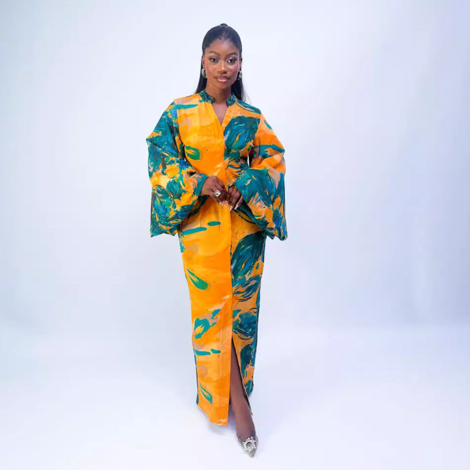 Printing Bell Bottom Sleeve V-Neck Slim Waist Long Dress 5