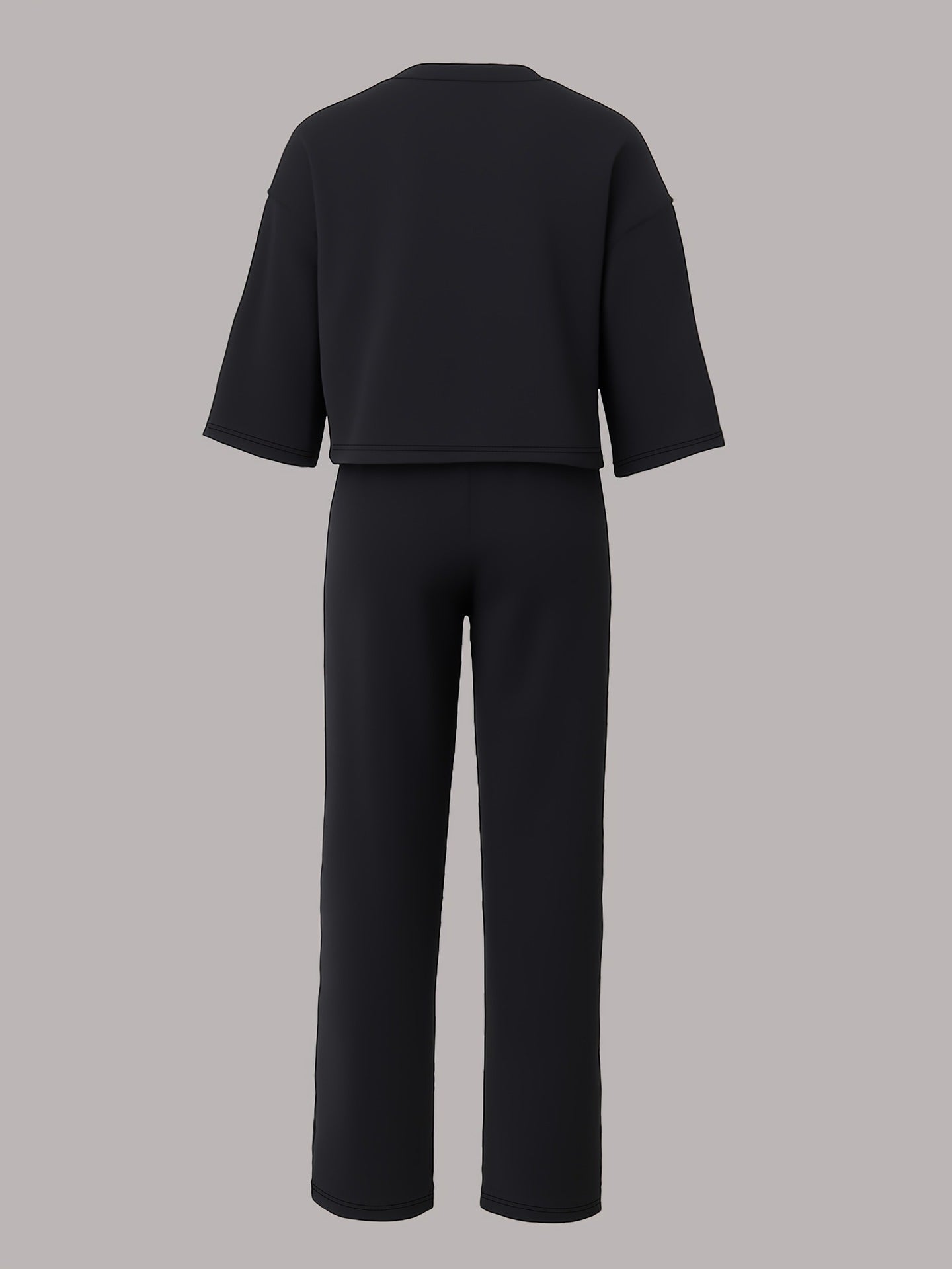 Women Casual Short-Sleeve Round Neck Top and Contrast Color Patchwork Two-Piece Pants 5