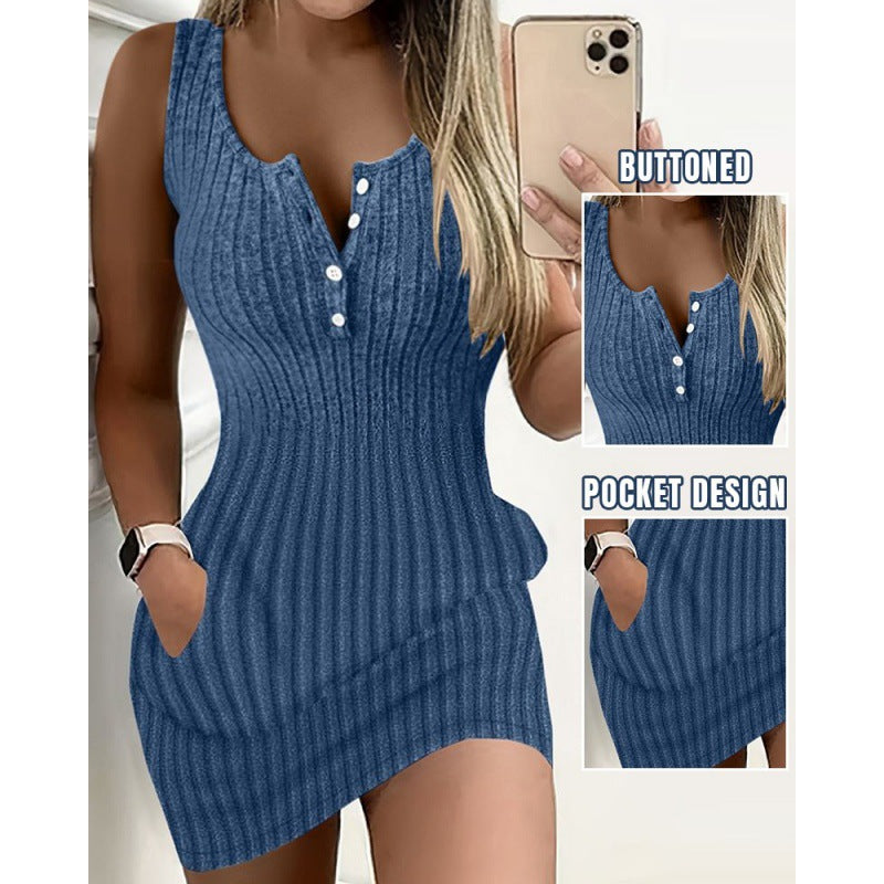 Fashion Solid Color Sleeveless Ribbed Slim Knitting Dress 10