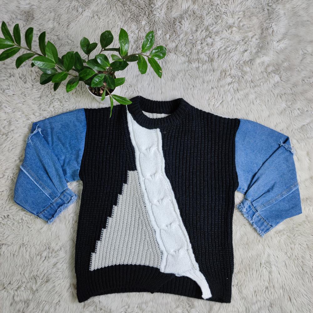 Women Long Sleeve Denim Patchwork Sweater 8