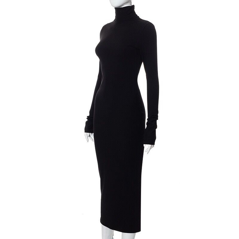Women Fall Half Turtle Neck Long Sleeve Ribbed Dress 11