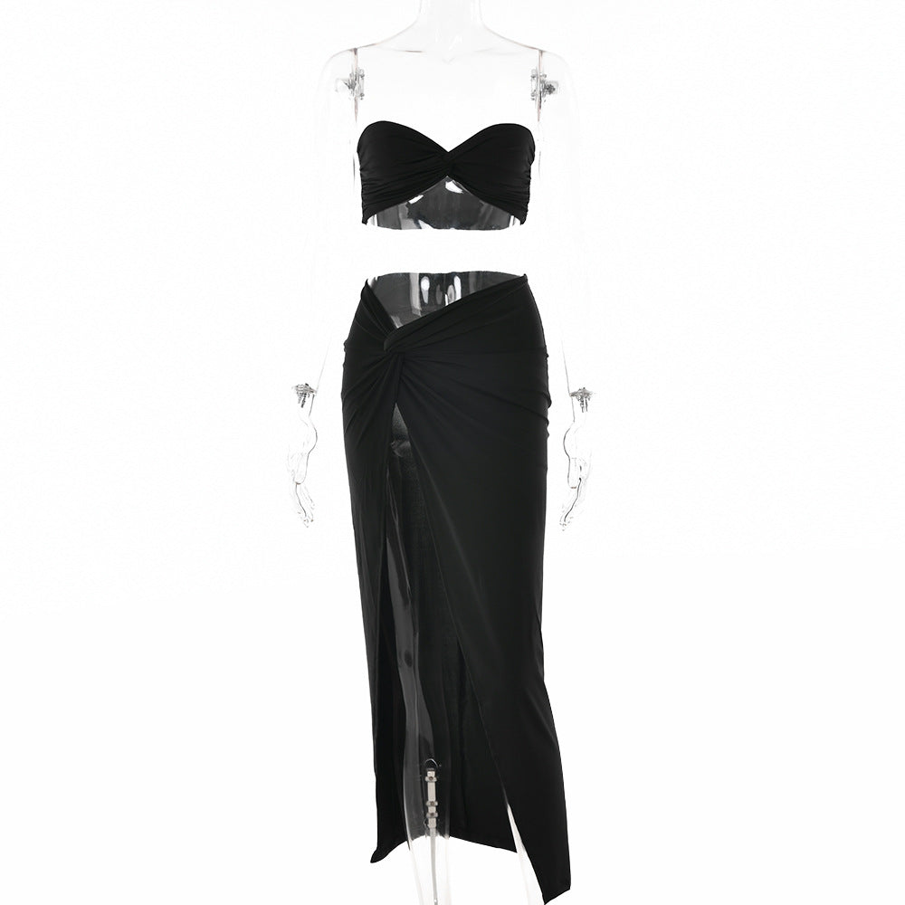 Women Summer Sexy Suspender Strapless Top and Slit Skirt Two-Piece Set 4