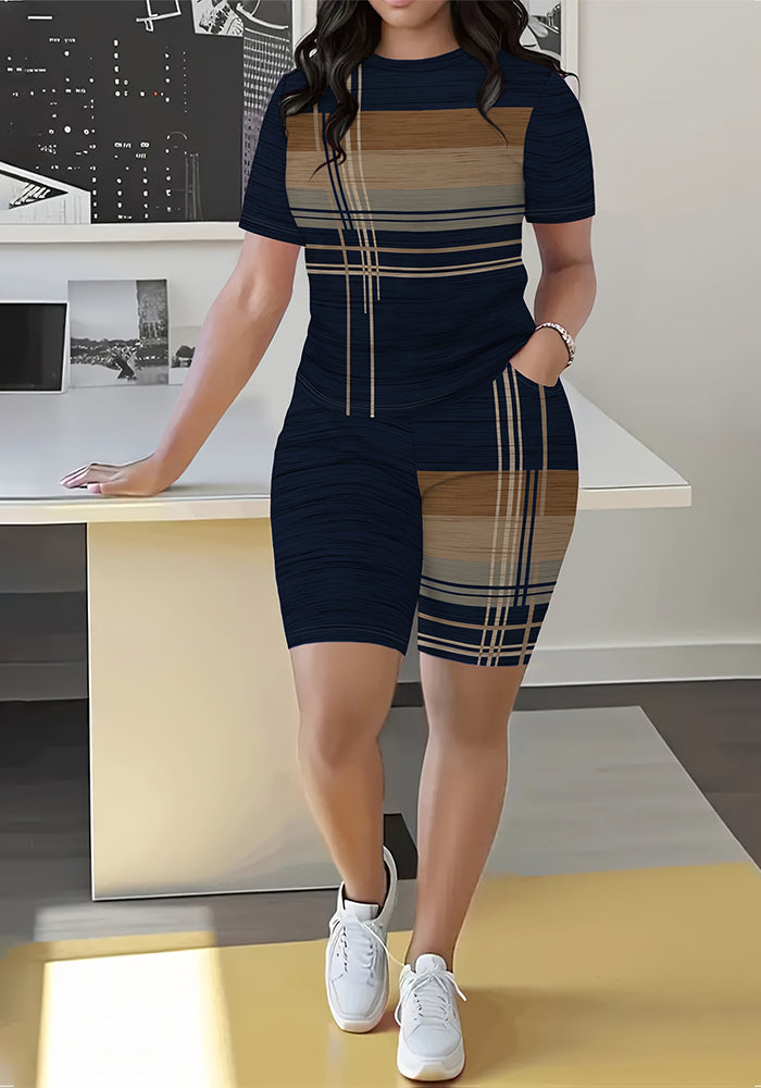 Women's Spring/Summer Geometric Stripe Round Neck T-Shirt & Tight-Fit Shorts Casual Set