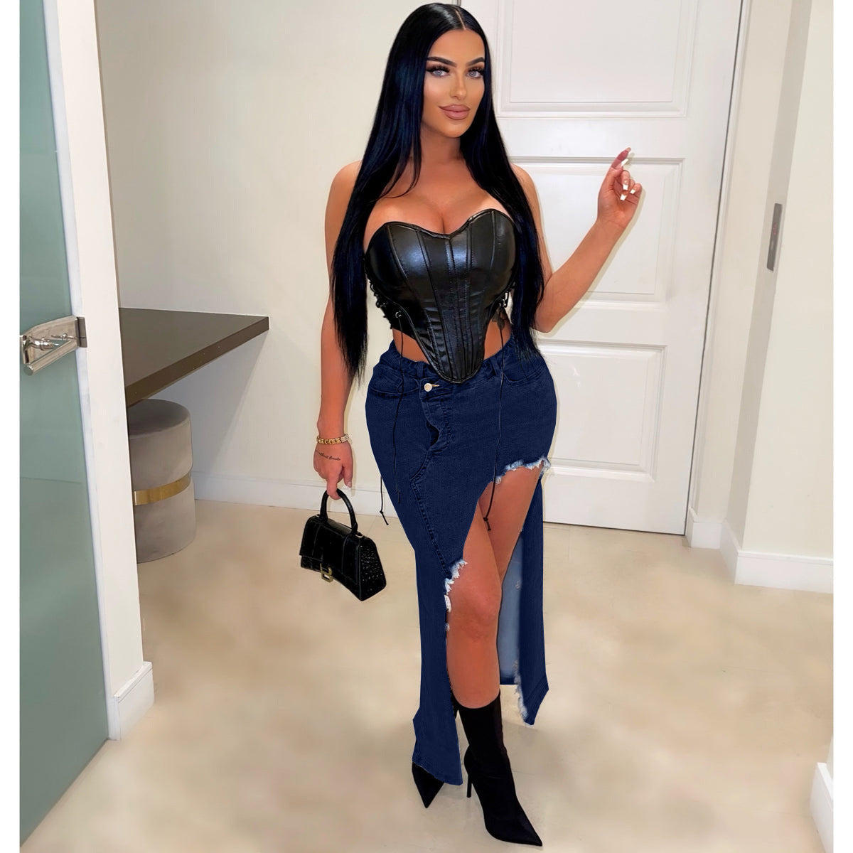 Women Washed Slit Denim Skirt 3