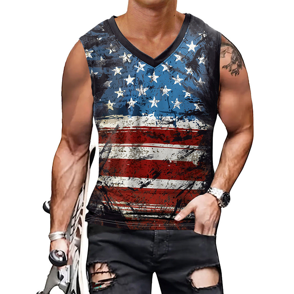 Summer Men's Vest Men's Star Stripe Print V-Neck Sleeveless Top 3