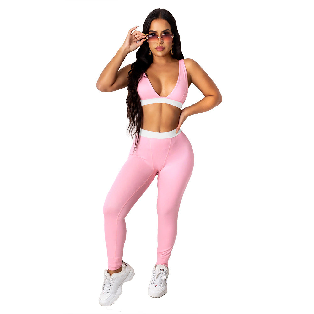 Women Solid Sling Elastic Casual Sports Two-piece Set 6