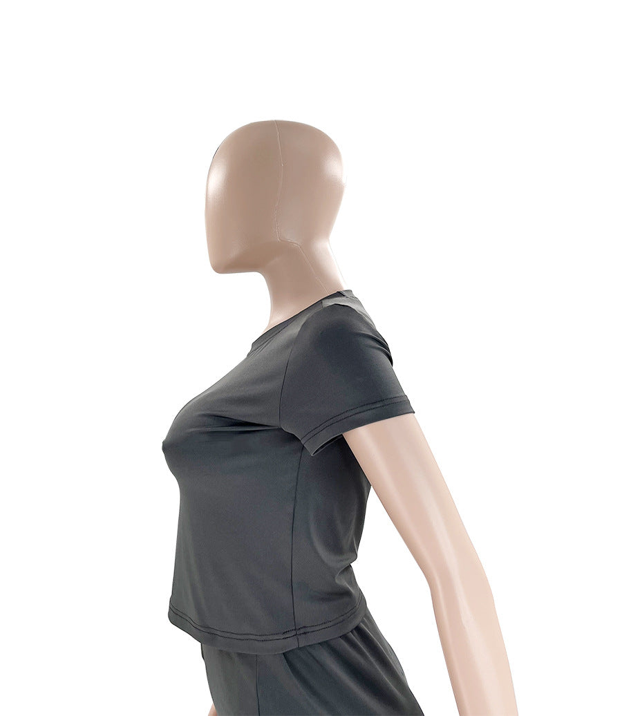 Summer Women's Fashion Casual Solid Color Round Neck Short Sleeve Top Long Skirt Set 16