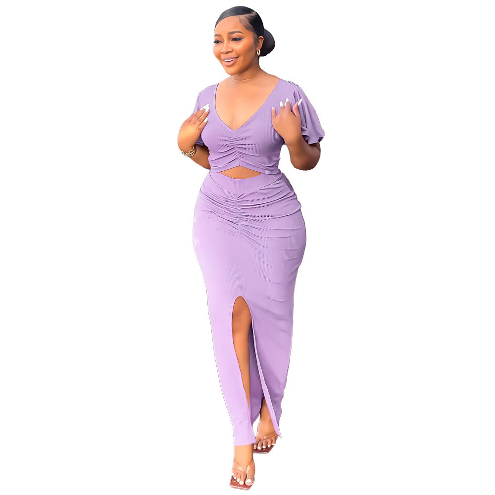 Women Ruffle Sleeve Crop V-Neck Top and Slit Bodycon Skirt Two-Piece Set 5