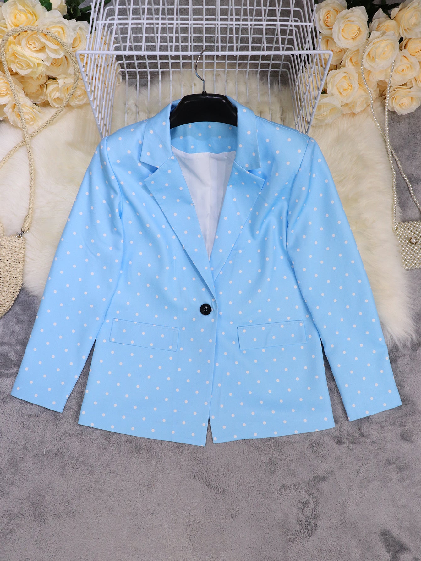 Spring Women's Fashion Chic Polka Dot Turndown Collar Long Sleeve Blazer 17