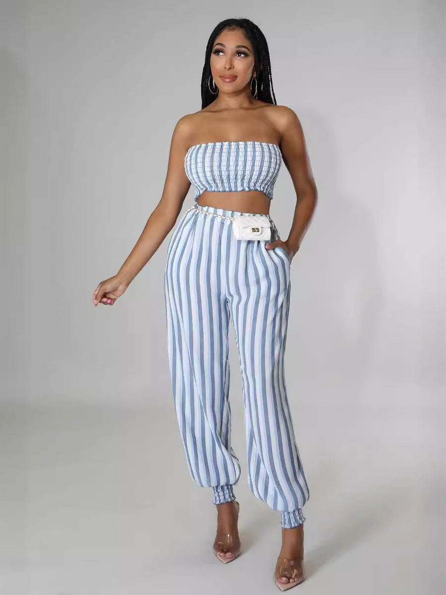 Women's Striped Print Sexy Fashionable Strapless Two-Piece Pants Set 5
