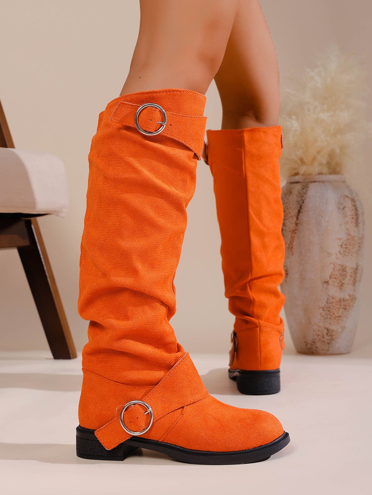 Autumn Winter Pleated Stacked Boots Women SChunky Heel Platform Suede Boots 11