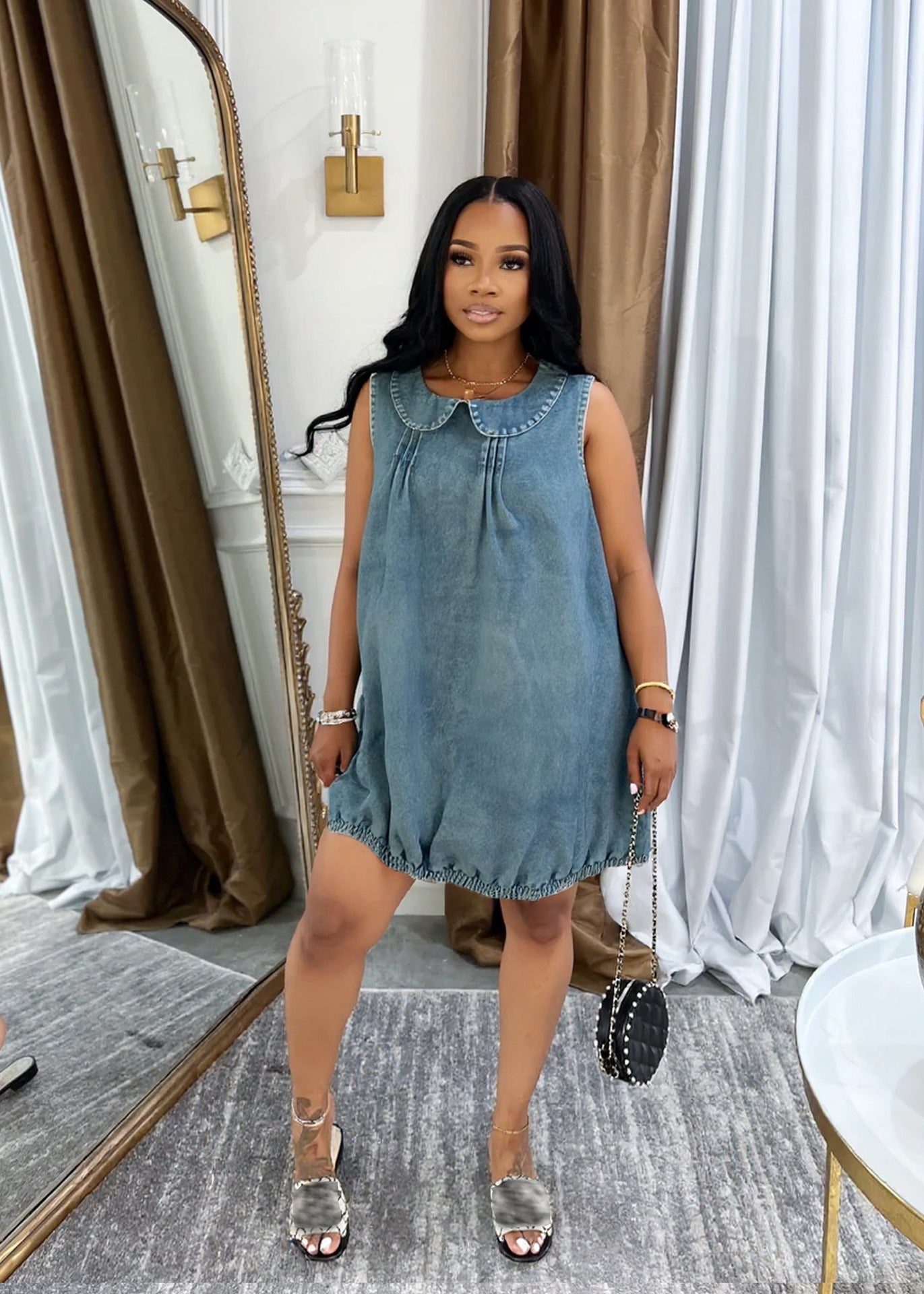 Women Peter Pan Collar sleeveless Denim dress 3