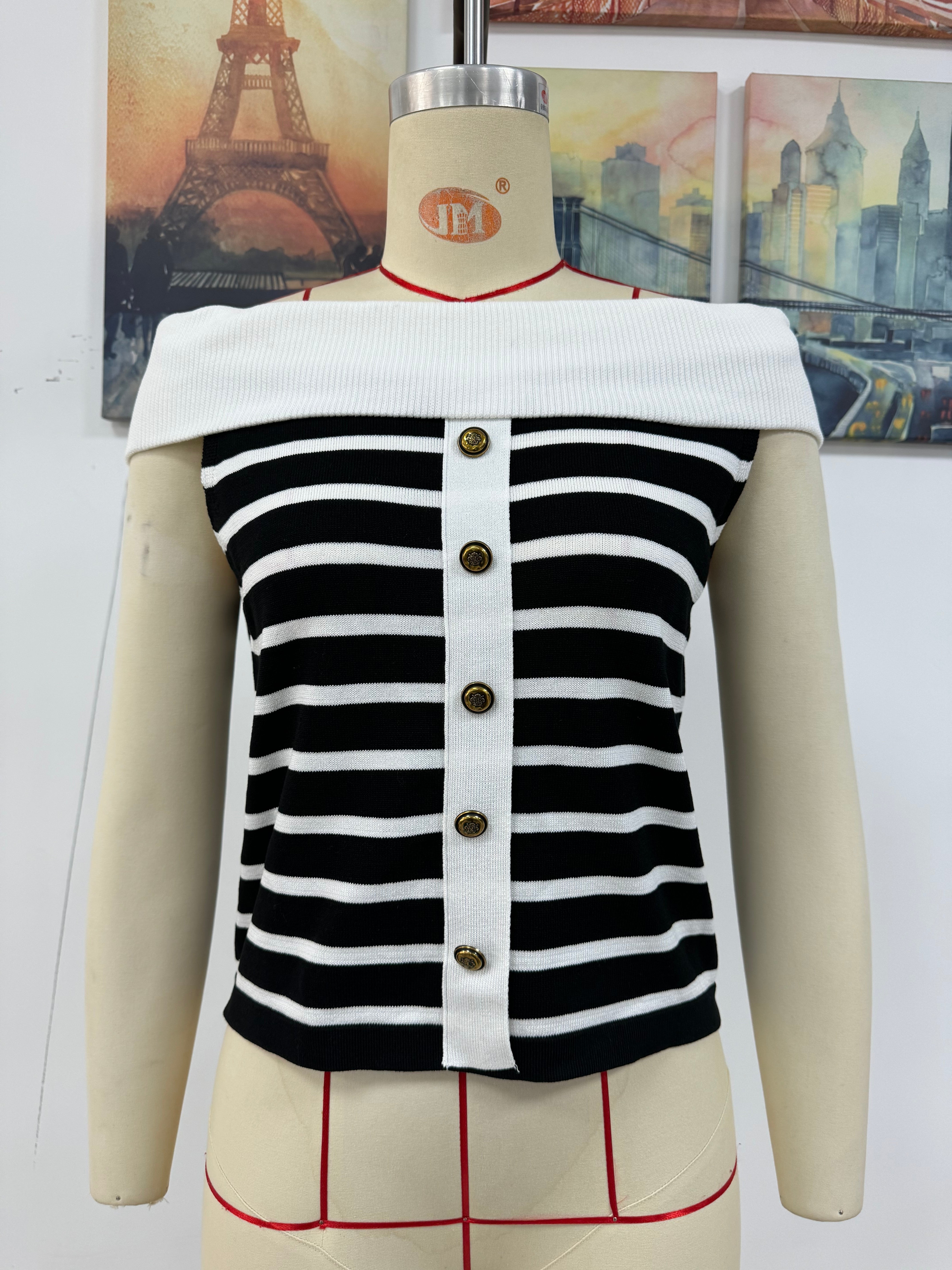 Spring/Summer Women's Fashion Long-Sleeve Striped Off-Shoulder Knit Top 34