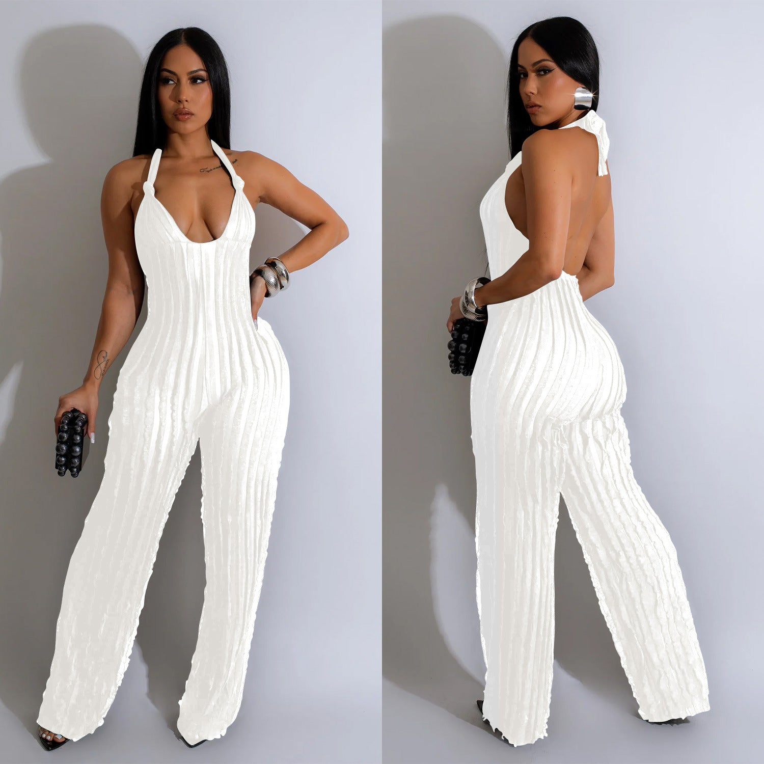 Fashion Women's Solid Color Low Back Deep V Halter Neck Jumpsuit 6